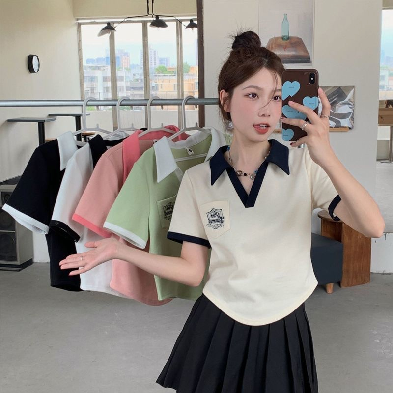 復古正肩polo領撞色短袖t恤衫女夏季寬鬆設計感小眾別致短款上衣