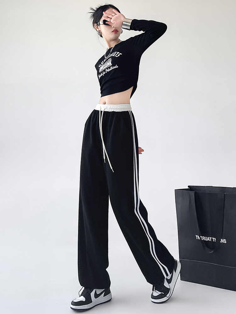 Striped spring and autumn new wide-leg sweatpants women's high-waisted light gray straight sweatpants