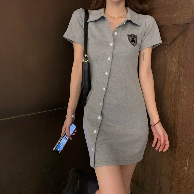 復古韓風Chic減齡vintage甜心辣妹百搭斜扣polo領短袖連衣裙女潮