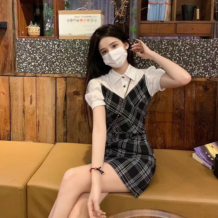 襯衫拼接格子連衣裙女夏季2024新款流行小眾設計高級感假兩件裙子