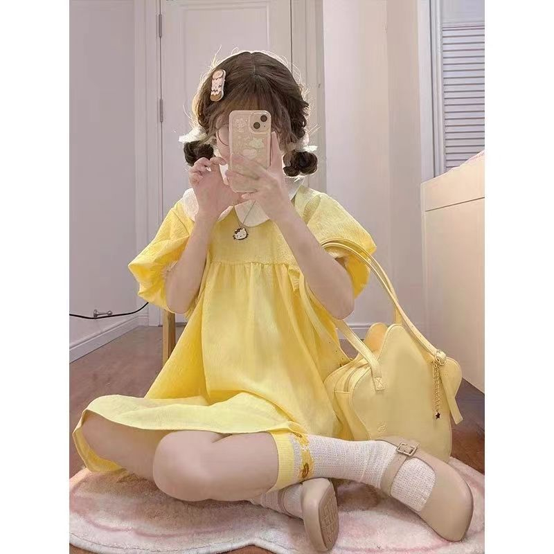 奶甜娃娃領泡泡袖連衣裙女學生甜美可愛