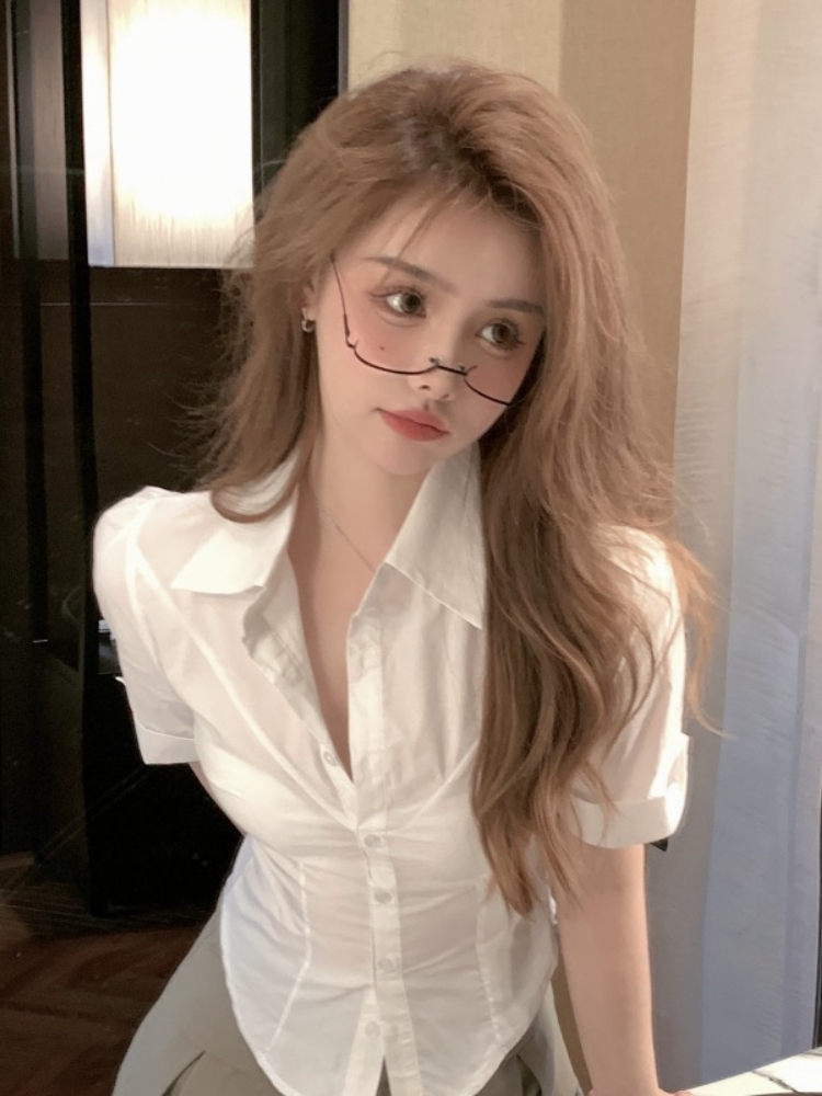 JK uniform white tight V-neck low-cut sexy short-sleeved shirt women's summer all-match ol slim professional workwear top