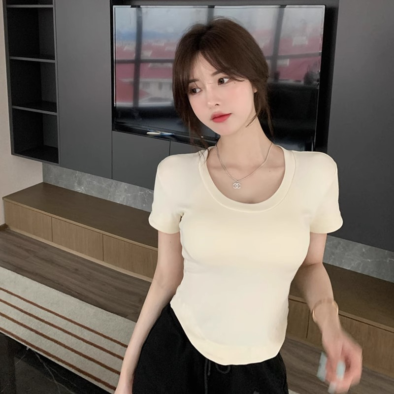 Summer design sense slimming niche pure lust sweet hot girl sexy u-neck short-sleeved t-shirt women's irregular short top