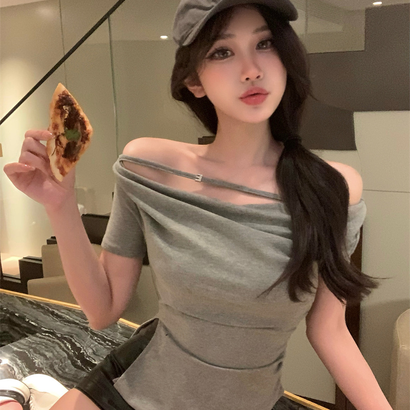 夏季新款純欲風抽褶掛脖設計感假兩件長袖t恤女辣妹修身顯瘦上衣