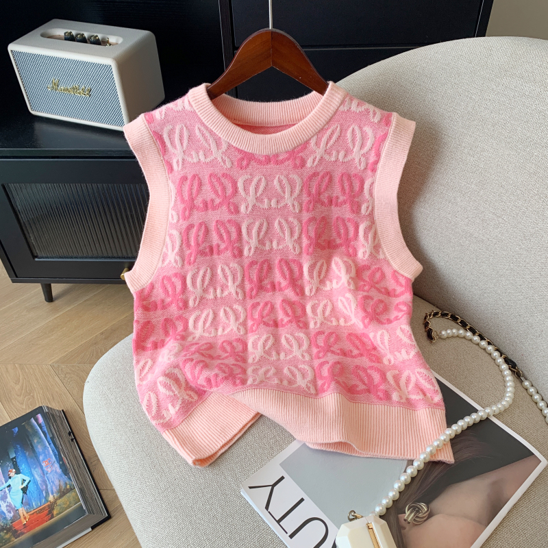2024早春新款時尚鈎花刺繡毛衣馬夾襯衣兩件套女寬鬆粉色上衣套裝
