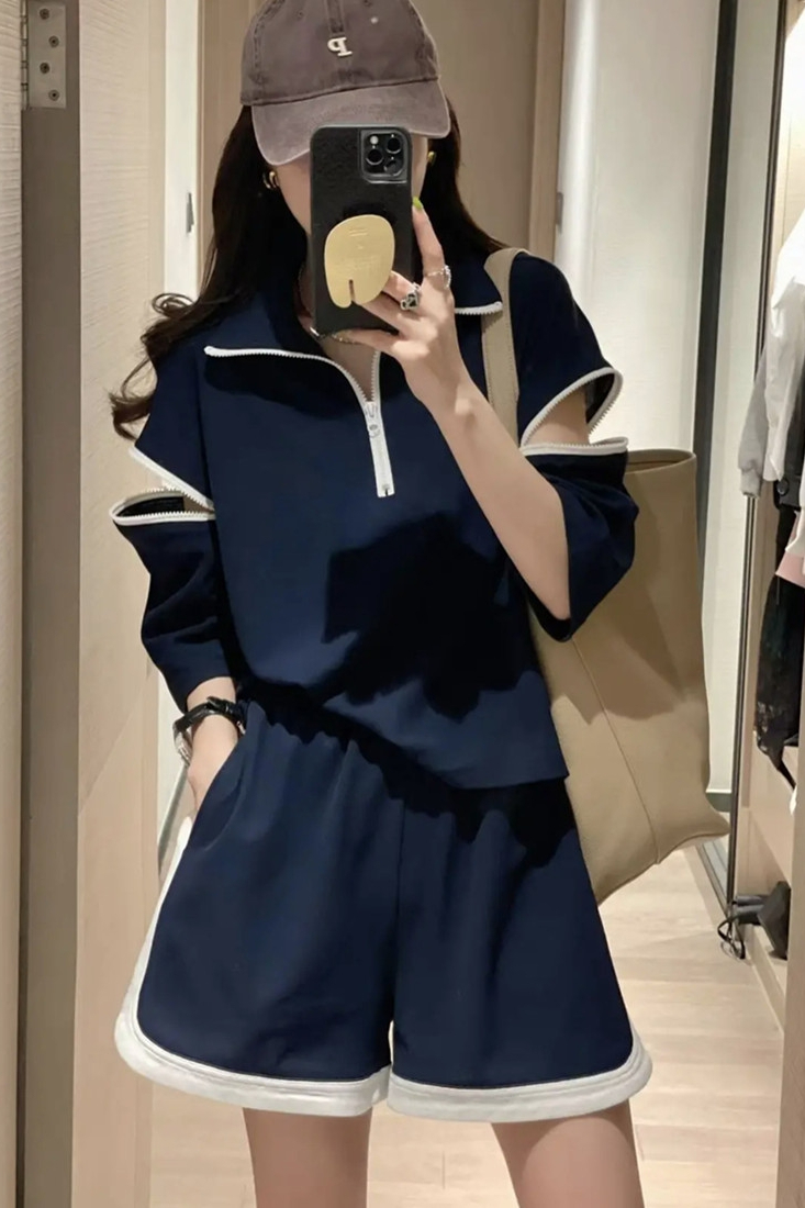 250克斜紋夏季歐貨休閒運動套裝闊腿短褲設計感兩件套女