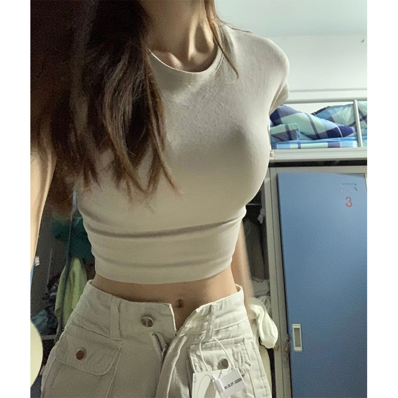 美式辣妹緊身短袖純棉t恤女2024夏季新款純欲甜辣正肩短款上衣