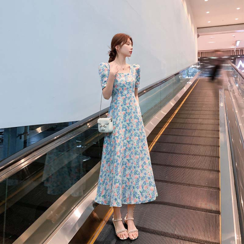 Fashionable fresh chiffon short-sleeved mid-length dress summer new Korean style puff sleeves floral square collar slimming