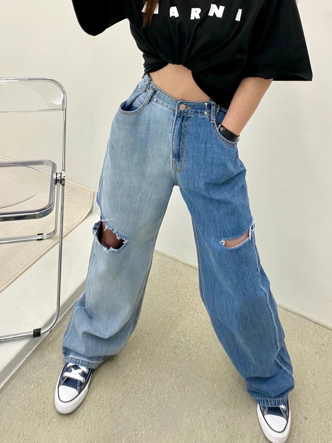 百搭個性拼色破洞女款休閒牛仔褲潮