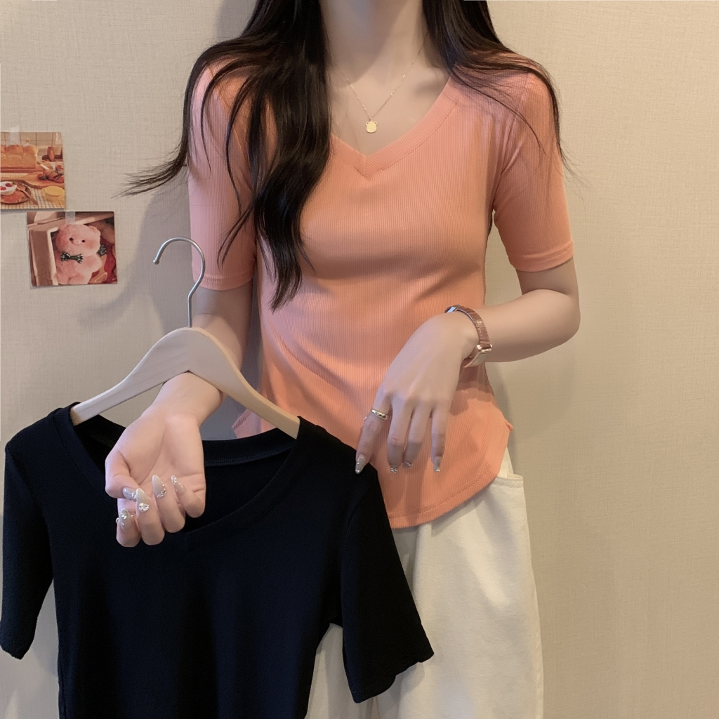 實拍  260g螺紋95%棉 5%氨綸 韓版短袖T恤女V領修身上衣