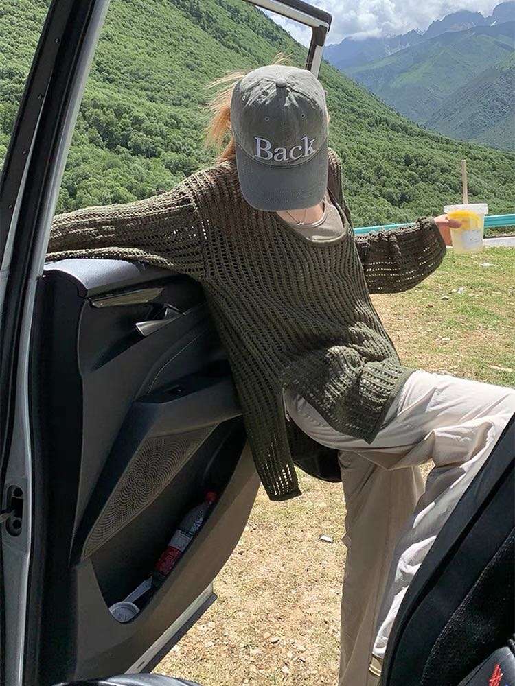 慵懶風鏤空中長款毛衣女春夏外穿高級感寬鬆圓領上衣長袖針織罩衫