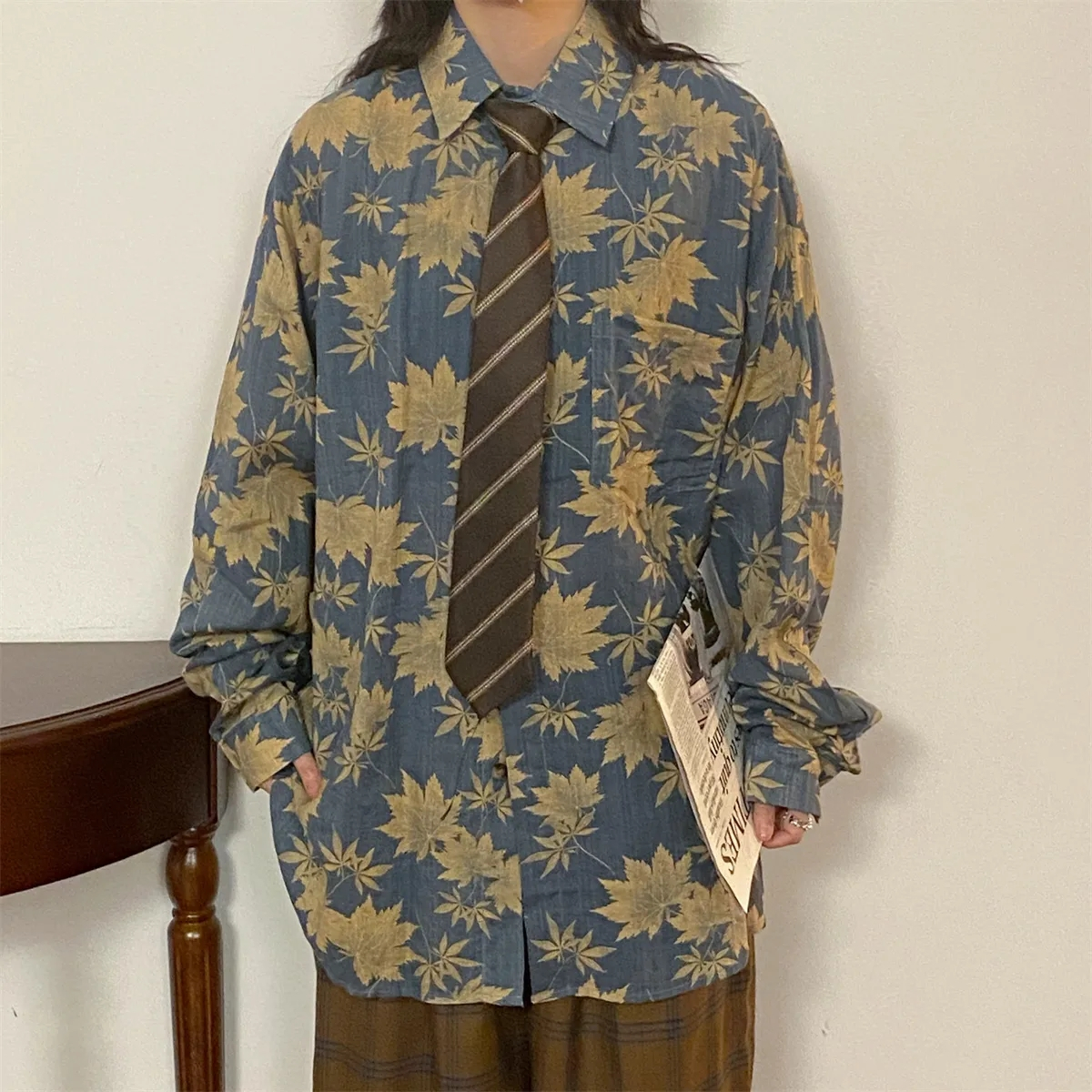 設計感小眾春秋新款楓葉翻領長袖襯衣女寬鬆上衣美式復古港味襯衫