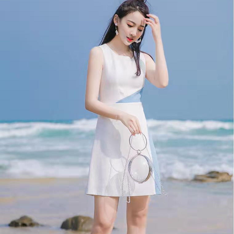 夏裝2024新款裙子氣質修身顯瘦拼接收腰a字小香風連衣裙女夏短裙