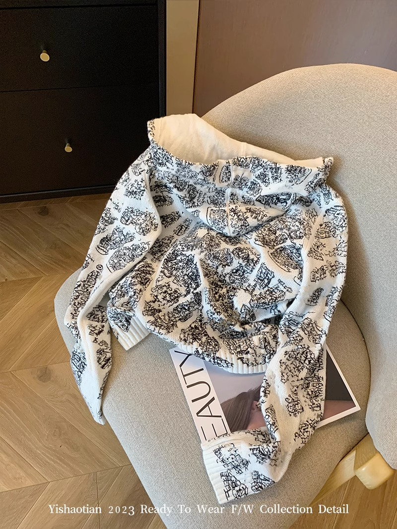 十三行！設計感刺繡抽繩連帽針織外套秋季女休閒百搭毛衣開衫