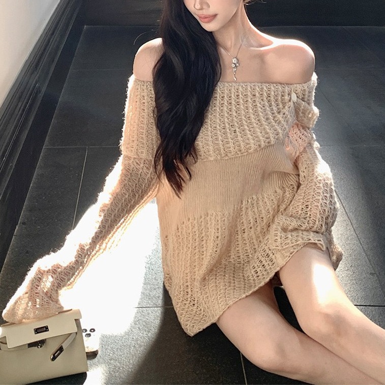 法式鎖骨一字肩長袖毛衣女早秋薄款鏤空針織衫寬鬆慵懶風性感上衣