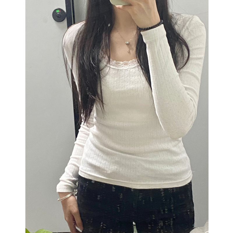 設計感春季新款蕾絲花邊長袖t恤打底衫女純欲辣妹修身顯瘦上衣潮