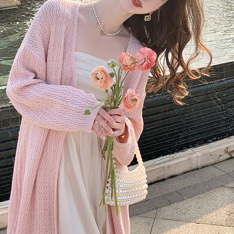 甜美開衫針織外套女夏秋季薄款設計感小眾寬鬆慵懶風中長款防曬衣