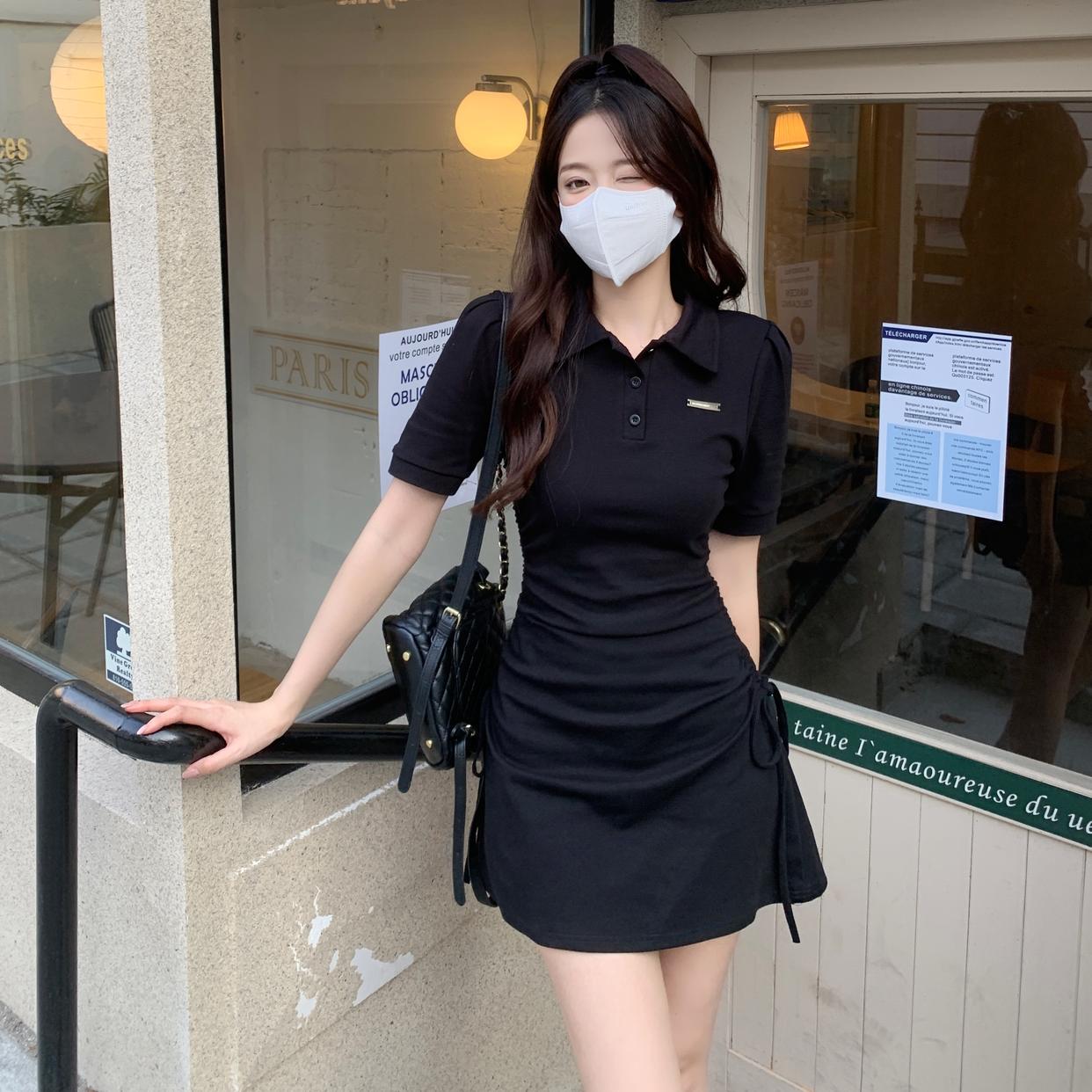 純欲風辣妹修身包臀短裙子大碼微胖mm設計感抽繩Polo領顯瘦連衣裙