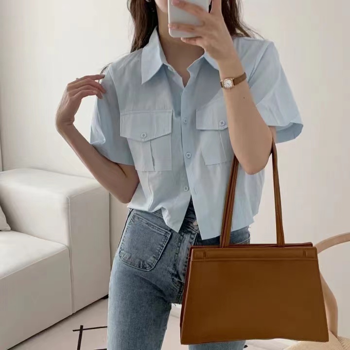 chic 韓版夏季復古工裝口袋POLO領休閒簡約單排扣襯衫上衣