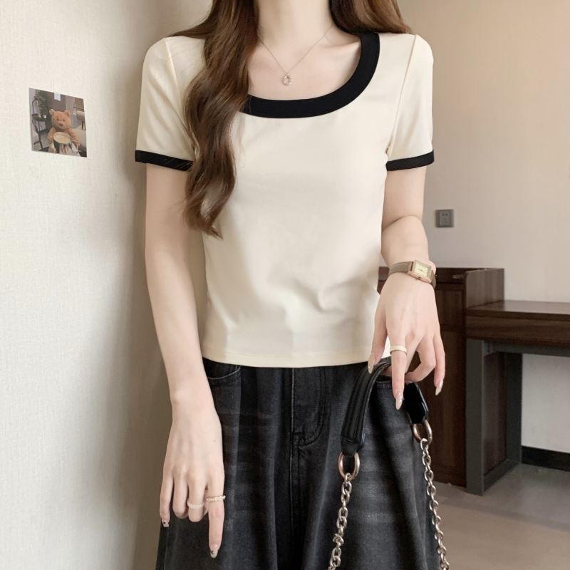 實拍40支純棉2024夏裝顯瘦撞色短袖T恤女韓版圓領簡約辣妹上衣