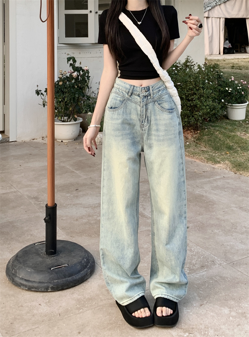 實拍 新款寬鬆高腰百搭顯瘦長牛仔褲女