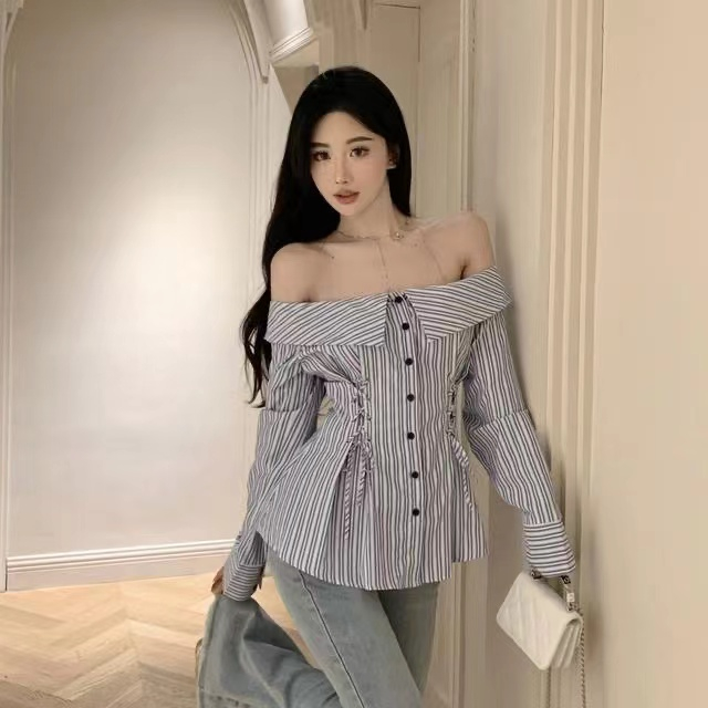 一字領修身收腰上衣女早秋新款性感辣妹條紋襯衫別致系帶長袖T恤