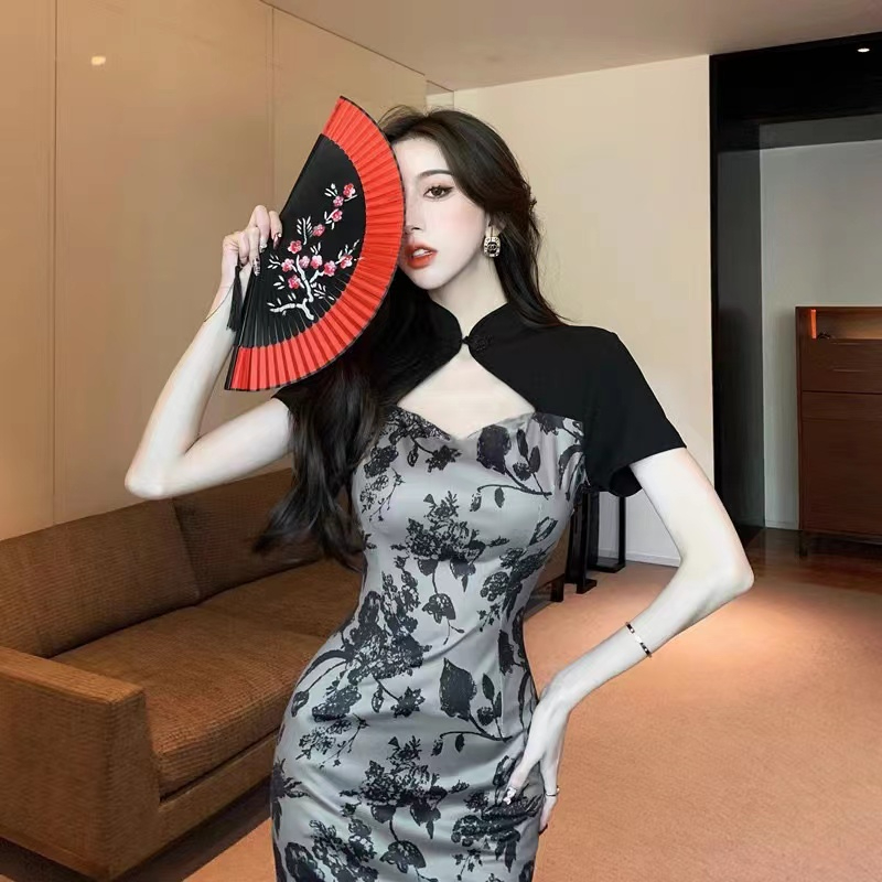 法式甜辣少女蝕骨旗袍設計感撞色拼接減齡純欲風性感包臀連衣裙子