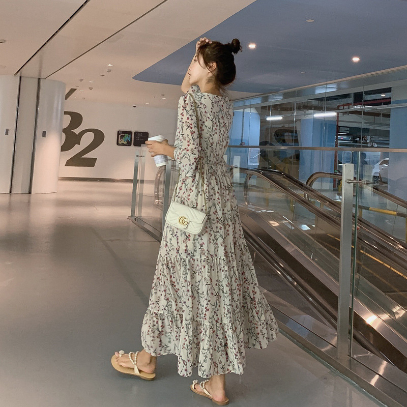 碎花連衣裙2024春裝新款白色雪紡夏季長裙五分袖裙子仙女超仙森系