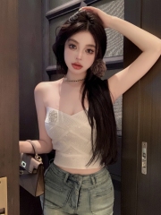 實拍 小眾辣妹水鑽花朵短款燙鑽花朵交叉抹胸背心上衣百搭