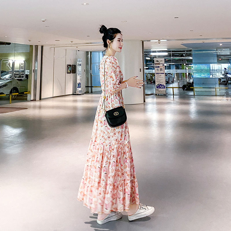 連衣裙2024春季甜美氣質V領小清新超仙甜美法式復古過膝長裙子女