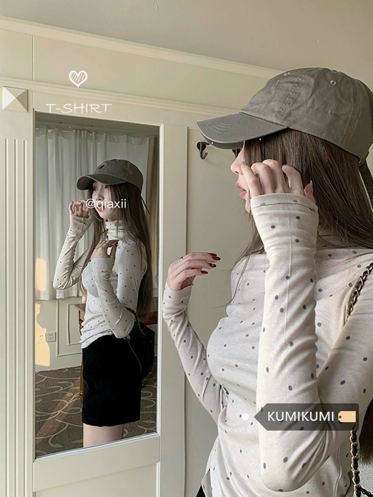 kumikumi辣妹波點高領內搭長袖T恤女早春小眾修身打底衫上衣ins潮