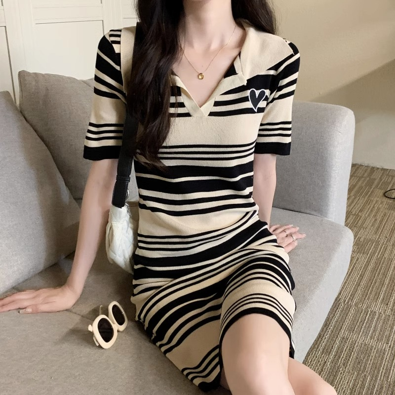 愛心刺繡polo領條紋顯瘦修身休閒短袖t恤裙子針織打底連衣裙女夏