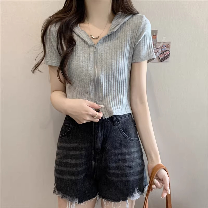 實拍螺紋短袖T恤女夏季學生短款連帽上衣服