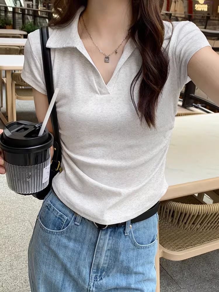 -260克莫代爾螺紋polo領收腰正肩短袖T恤女夏短款上衣