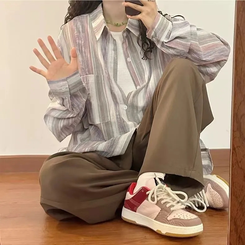 條紋港風長袖襯衫外套秋冬季設計感小眾襯衣復古上衣