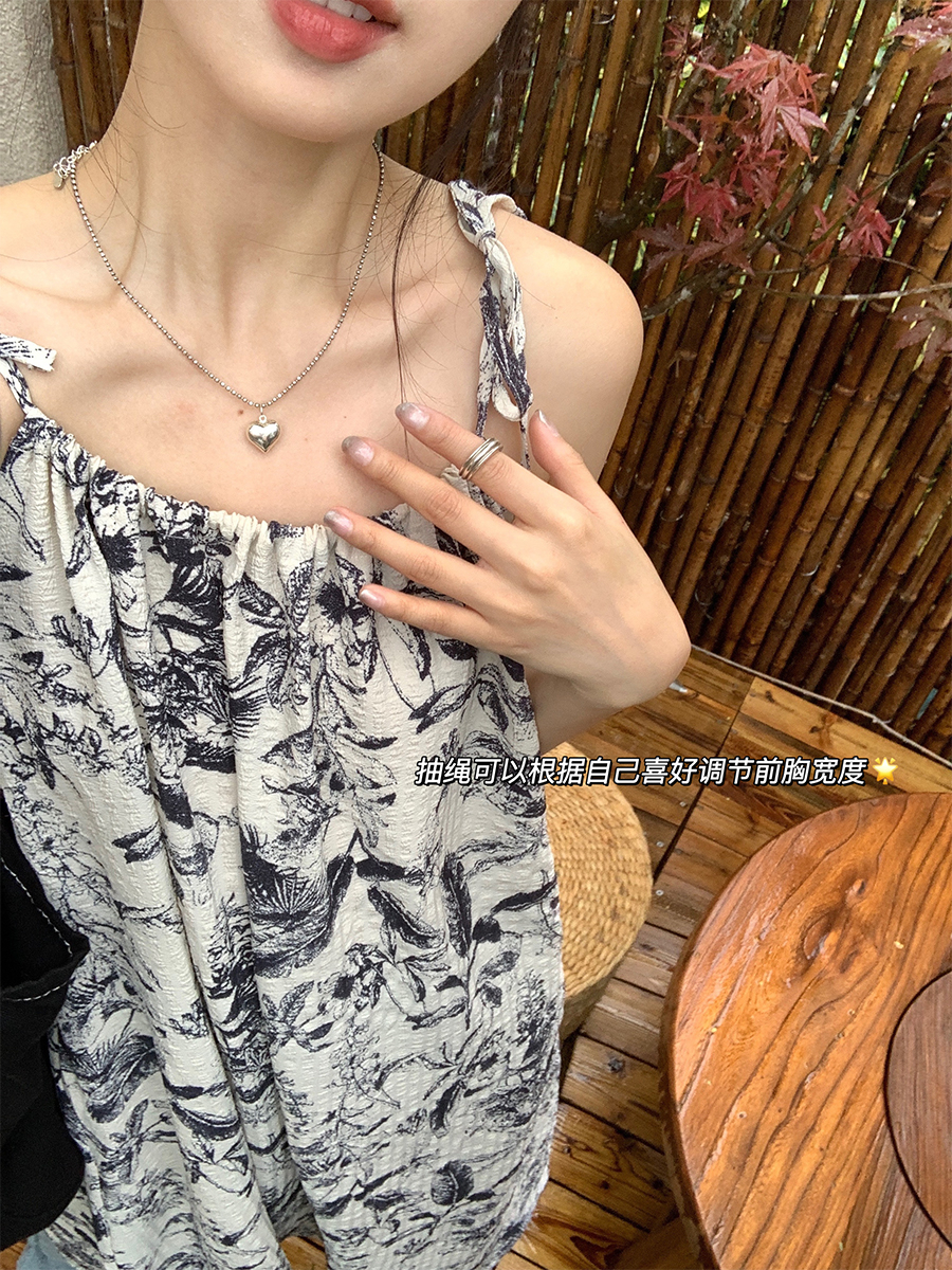 2024韓國夏季國風印花無袖吊帶連衣裙女裝別致氣質中長款過膝裙子
