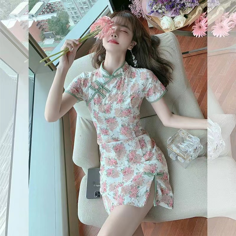 Improved cheongsam floral dress women's summer new small sexy slit inner bottoming skirt