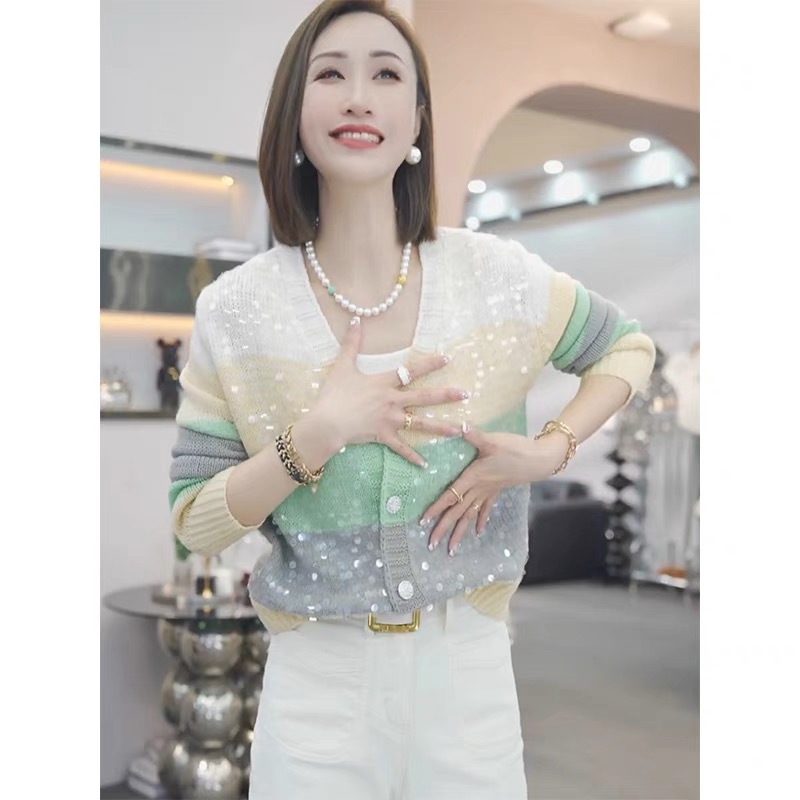 時尚亮片撞色條紋V領針織開衫女寬鬆顯瘦慵懶風氣質休閒軟糯上衣