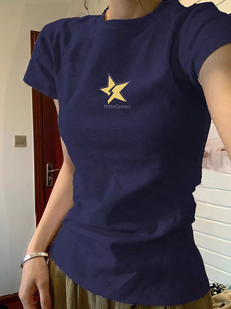 純棉 設計感小眾藏青色正肩短袖T恤女夏季新款基礎款顯瘦百搭上衣