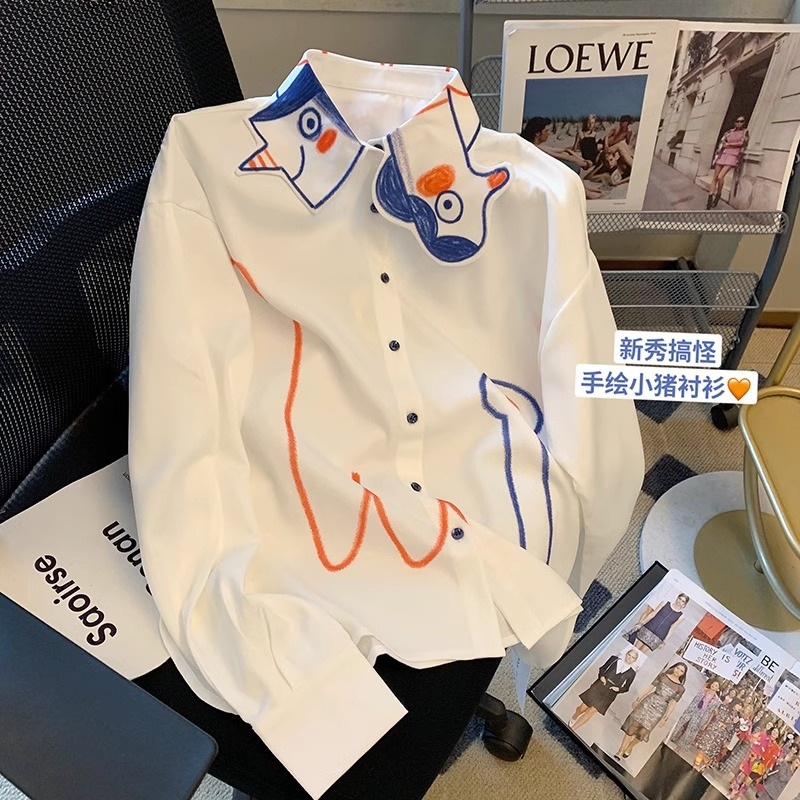 白色塗鴉長袖襯衫女小眾設計感春季新款寬鬆休閒別致獨特上衣