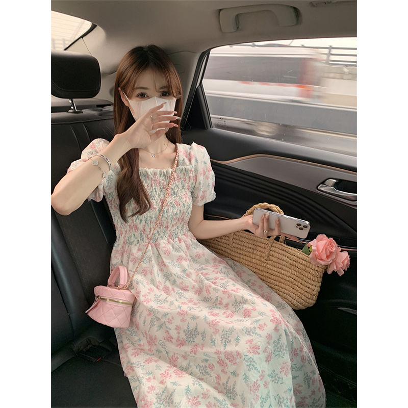 Floral square neck dress for women summer 2024 new sweet waist slimming mid-length super fairy first love skirt