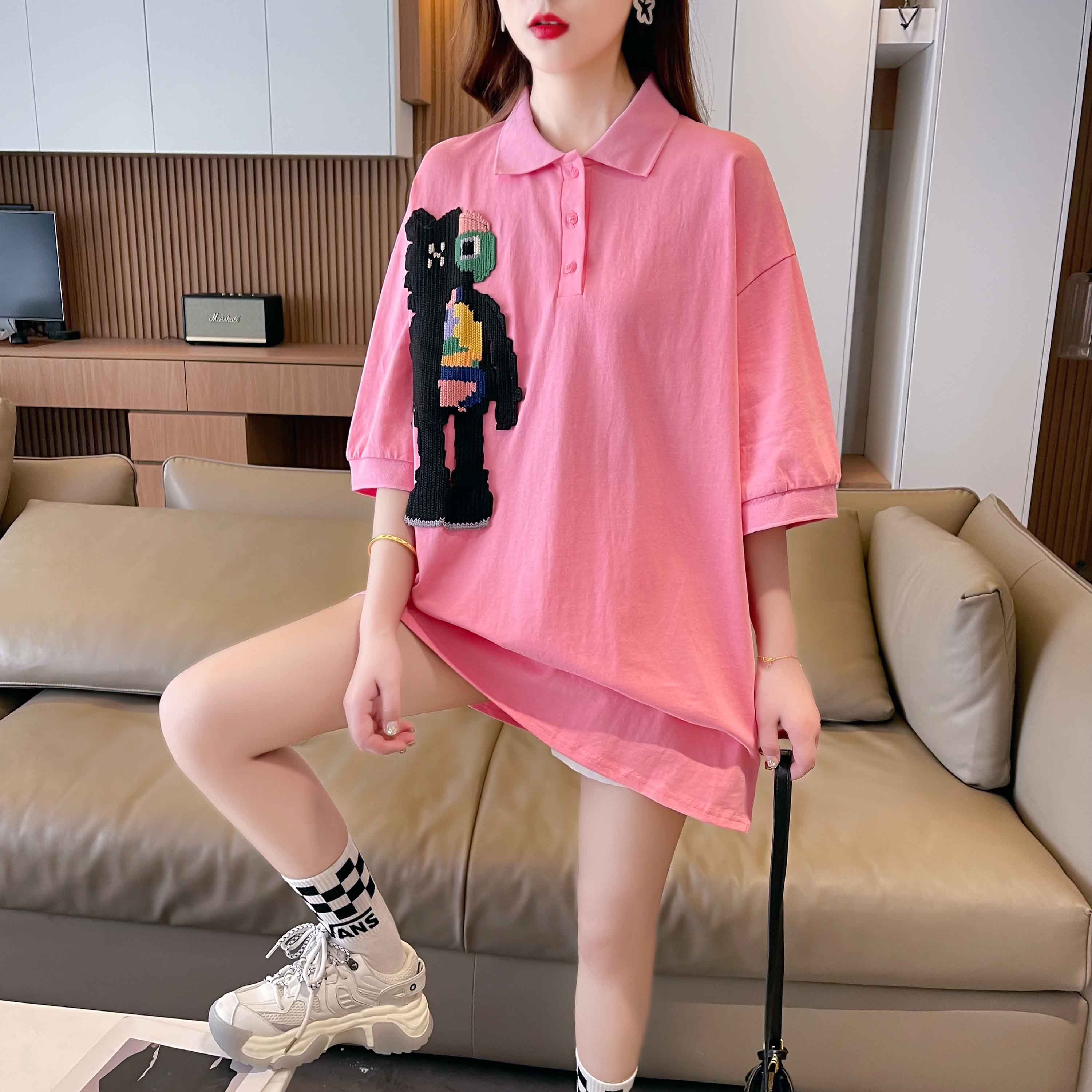 實拍2024夏季韓版寬鬆朱地布刺繡POLO翻領大碼女裝短袖上衣T恤女