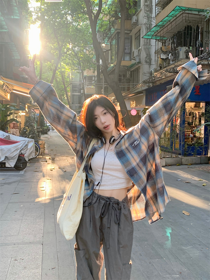 韓系復古格子襯衫女春季長袖防曬襯衣外套寬鬆顯瘦休閒慵懶風上衣
