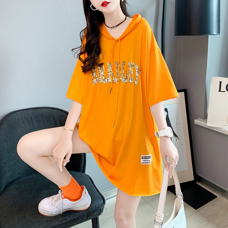 首發實拍6535夏季新款韓版中長款亮片刺繡連帽短袖t恤女