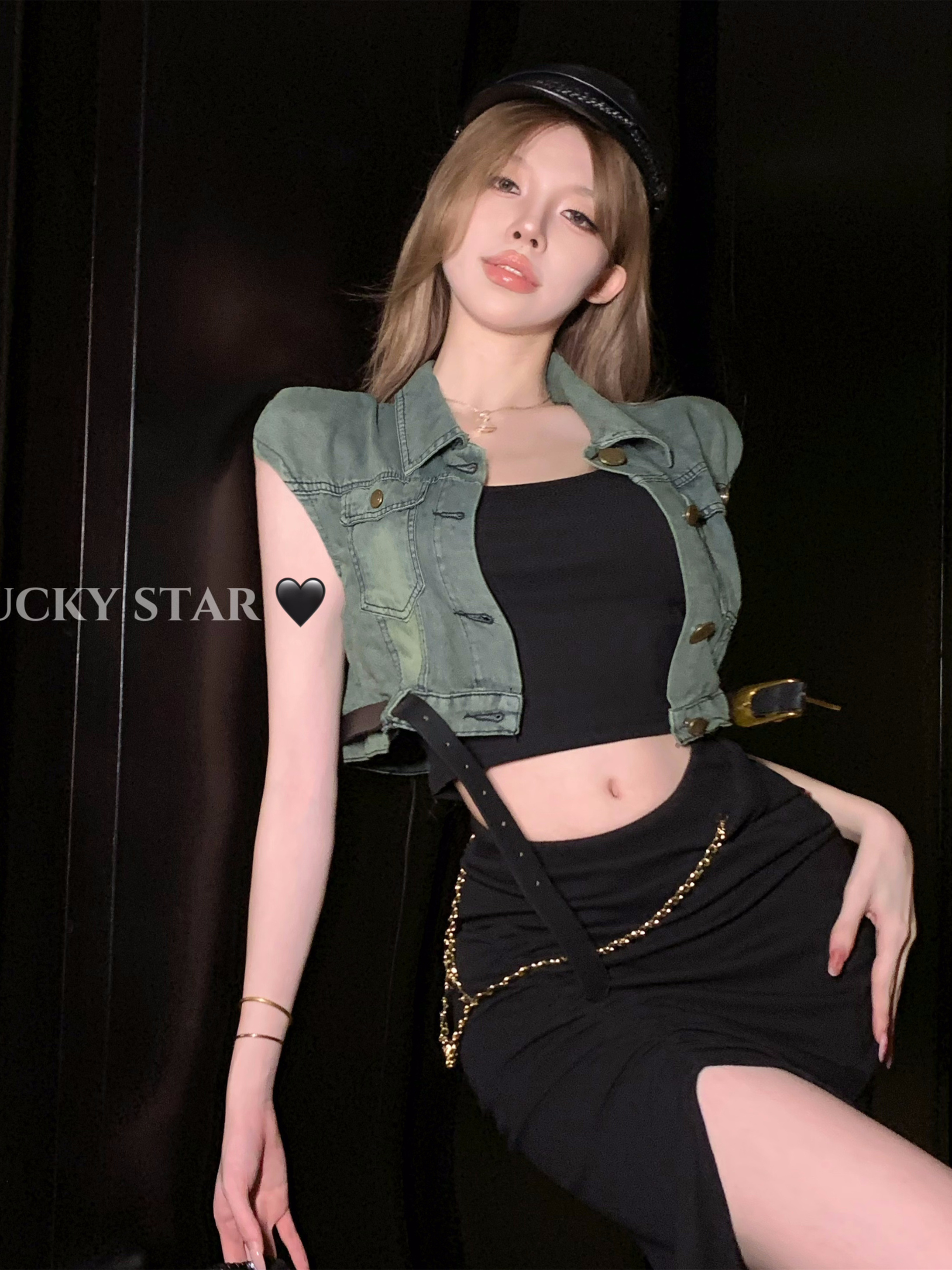 實拍 酷辣妹性感套裝裙夏季復古牛仔馬甲吊帶包臀長裙三件套
