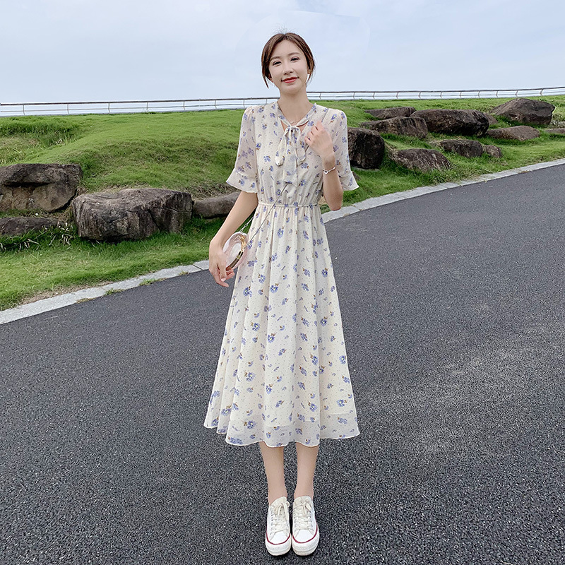 紫色小清新碎花雪紡連衣裙女2024新款夏季收腰顯瘦英倫風a字裙子