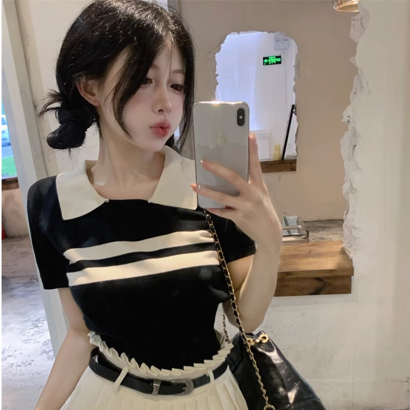 College style lapel short-sleeved T-shirt for women summer 24 new style contrasting color slim fit versatile design niche short top