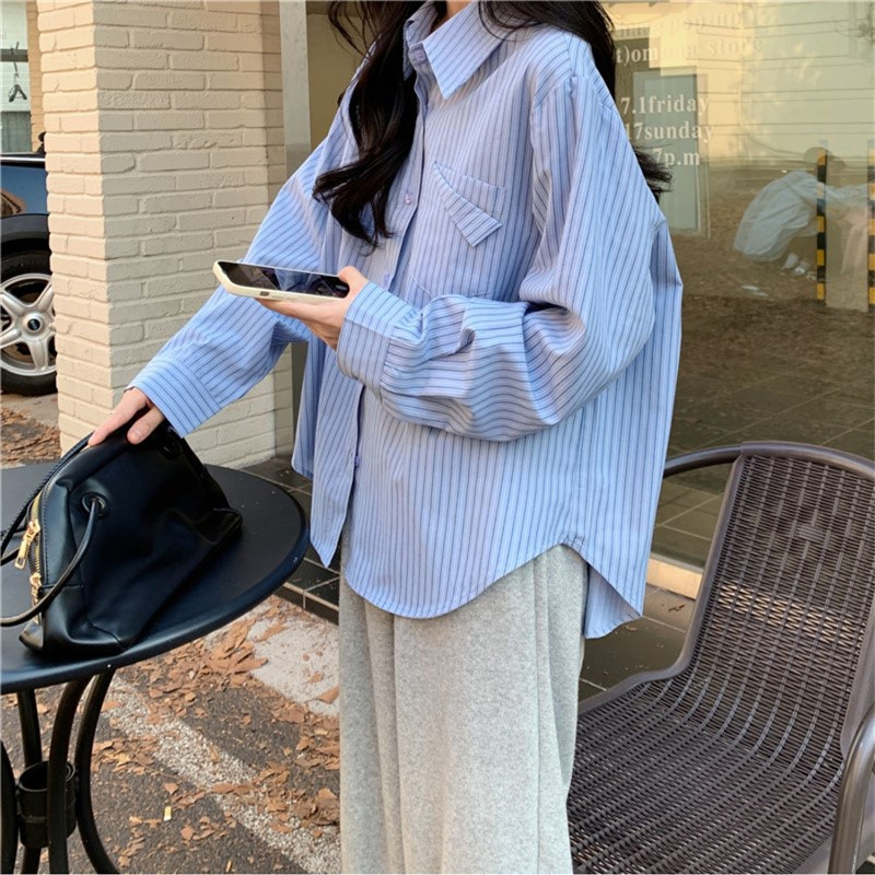 法式藍色防曬襯衫早春夏季新款輕熟風女裝襯衣長袖上衣小個子春季