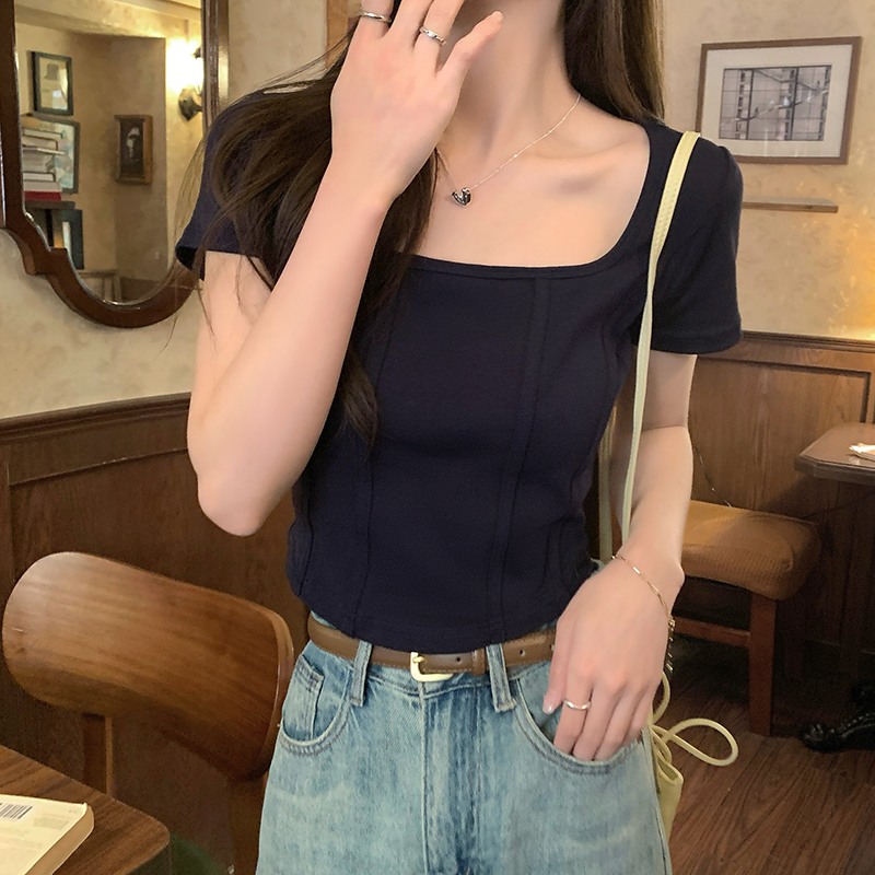 實拍設計感小眾正肩U領短袖T恤女2024夏辣妹高腰顯瘦短款上衣