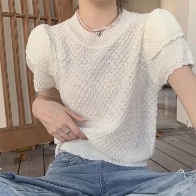 2024春夏新款木耳邊泡泡袖針織衫女網紅小眾短款短袖上衣